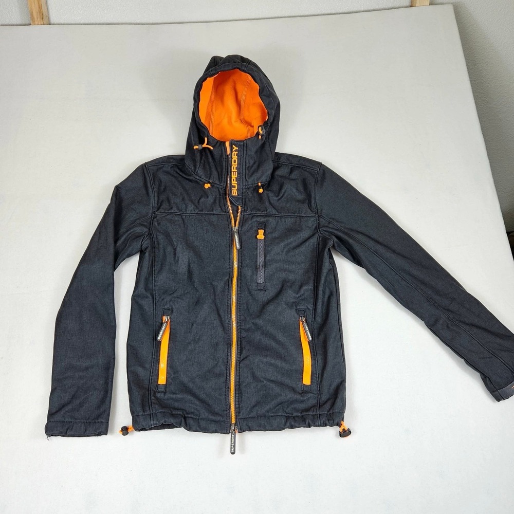 Superdry Windtrekker Softshell Fleece Jacket Mens S Black Orange Hooded Full Zip